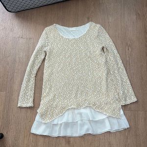 Gold and white sweater with white chiffon trim